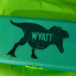 Roaring T-Rex & Cutout Name Dinosaur Jurassic World Lunchbox Decal Sticker {Ghoul Font}