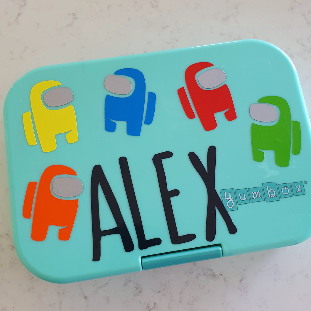 Among Us Multicoloured Characters & Name Lunchbox Gamer Decal Sticker Label {AMA}
